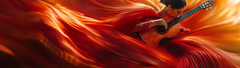 Flamenco dancer in a passionate swirl of red fabric, blended with a closeup of a guitar Warm tones, dynamic motion, and double exposure effect