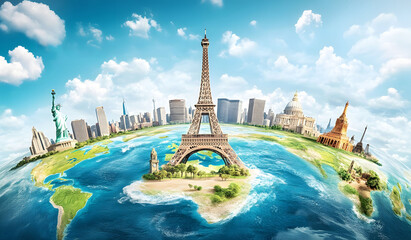 Illustration of a trip around the world, featuring famous landmarks on a globe. The artwork showcases various iconic monuments and creates a world travel background.