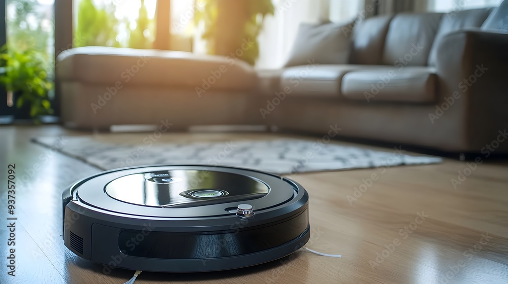 Poster a robot vacuum cleaner autonomously navigating and cleaning the living room floor with ample blank s