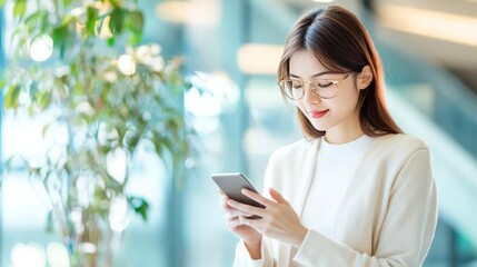 Fototapeta premium Young woman with glasses using a smartphone, standing in a modern indoor setting with natural light and greenery in the background.