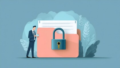 Confidential Document and Privacy Protection with Secured Lock, Representing Safety, Security, and Accessibility Control as a Businessman Locks a Document File Folder with a Padlock
