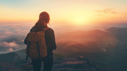Obraz premium Hipster girl enjoys mountain sunset.