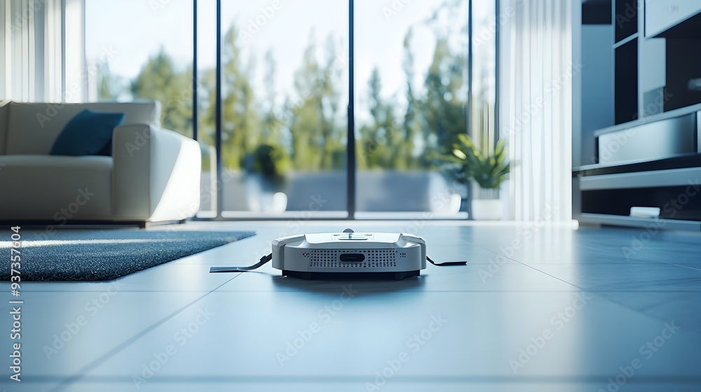 Poster a photograph of a robot mopping the floor in a modern minimalist home interior symbolizing efficienc