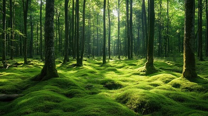 Obraz premium A lush green forest with tall trees and a carpet of moss, peaceful nature retreat and exploration concept
