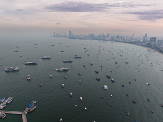 Aerial view of Pattaya port Bay at sunrise, Chonburi, Thailand