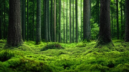 A lush green forest with tall trees and a carpet of moss, peaceful nature retreat and exploration concept