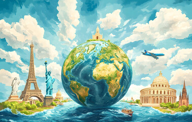 Illustration of a trip around the world, featuring famous landmarks on a globe. The artwork showcases various iconic monuments and creates a world travel background.