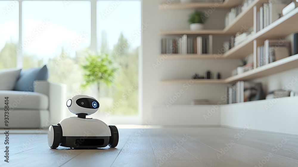 Poster efficient robot dusting shelves in a modern minimalist living room showcasing the automation and con