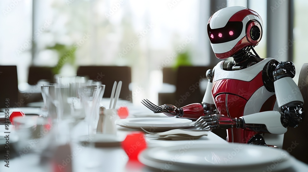 Poster a photograph showing a robot expertly arranging a dinner table with plates utensils and other tablew