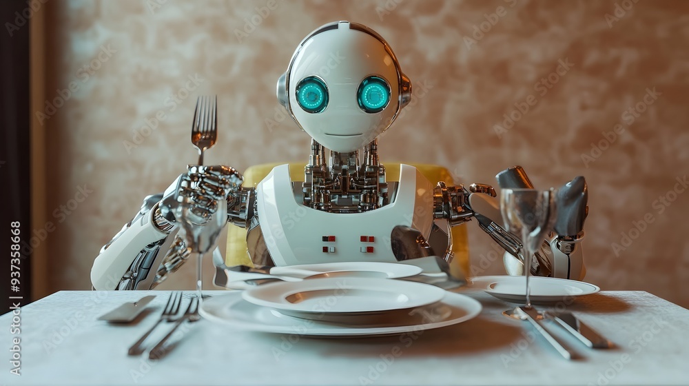 Poster Photograph of a robotic arm setting a dinner table with plates utensils and other tableware on a clean minimalist background providing ample space for copy or text overlay