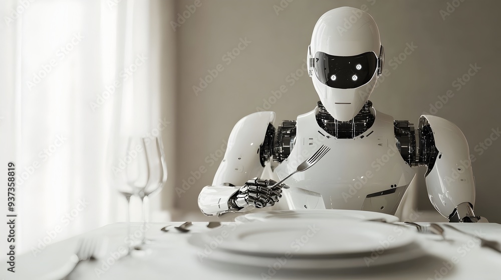 Poster robotic assistant meticulously arranging plates utensils and tableware on a clean minimalist dining 