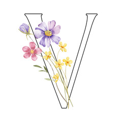 Letter V, floral monogram with watercolor flowers and leaf. Letterhead, initial perfectly for logo, wedding invitation, greeting card, poster . Holiday digital design hand drawing.