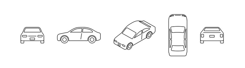 Automobile icon set. Front, side, top, back and isometric views. Outline style black color icons.