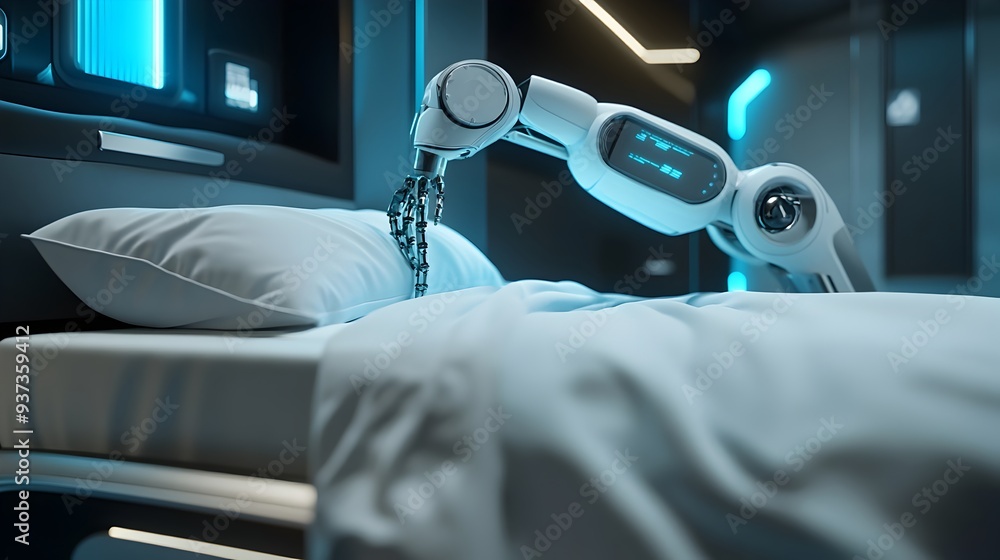 Poster a photograph showcasing a robot meticulously making a bed highlighting the precision efficiency and 
