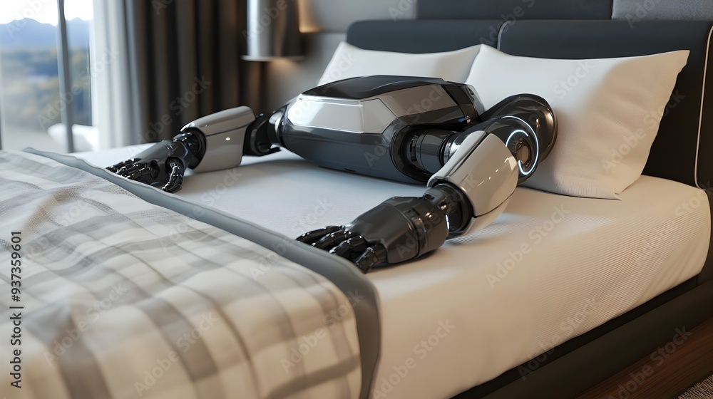 Poster a photograph depicting a robot methodically making a bed showcasing the precise automation and care 