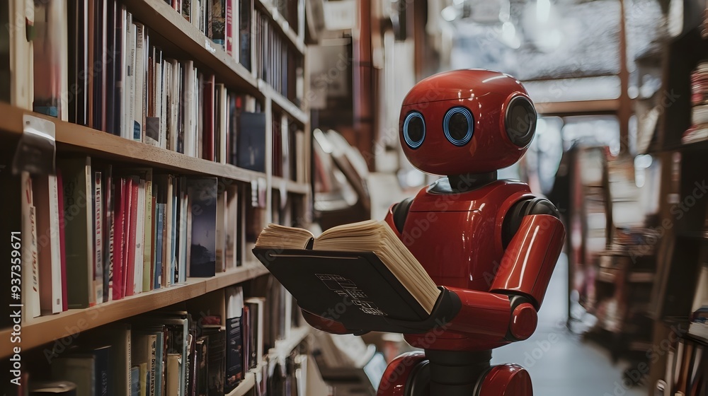 Poster a photograph showcasing a robot effortlessly organizing a bookshelf creating a clean and minimalist 