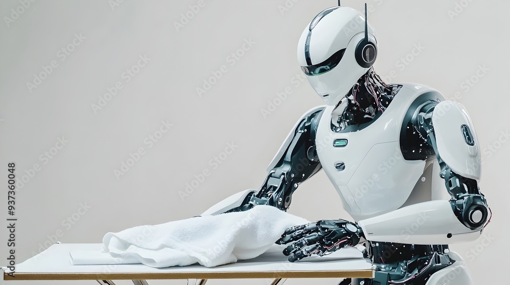 Poster photograph of a robot ironing clothes on an ironing board against a clean background representing co