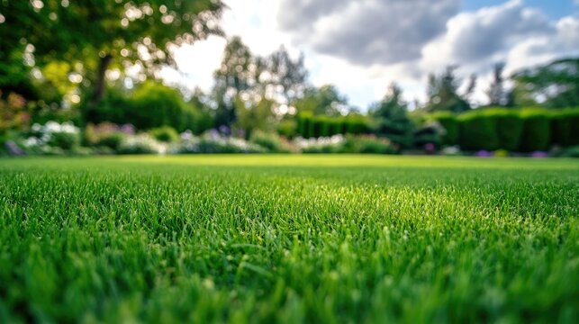 A lush green lawn with freshly mowed grass, perfect outdoor space for relaxation and recreation, landscape view