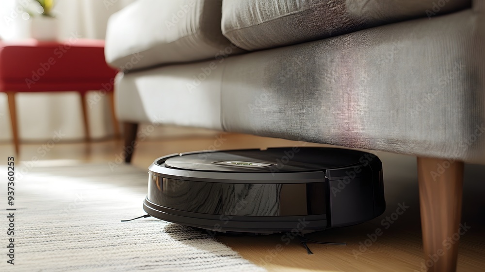 Poster autonomous robot vacuum cleaner efficiently cleaning under furniture with ample surrounding space fo
