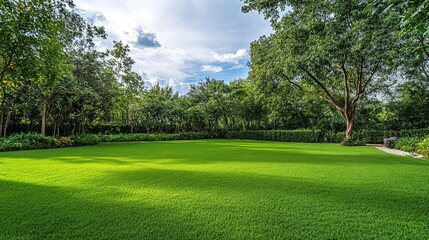 A lush green lawn with freshly mowed grass, perfect outdoor space for relaxation and recreation, landscape view