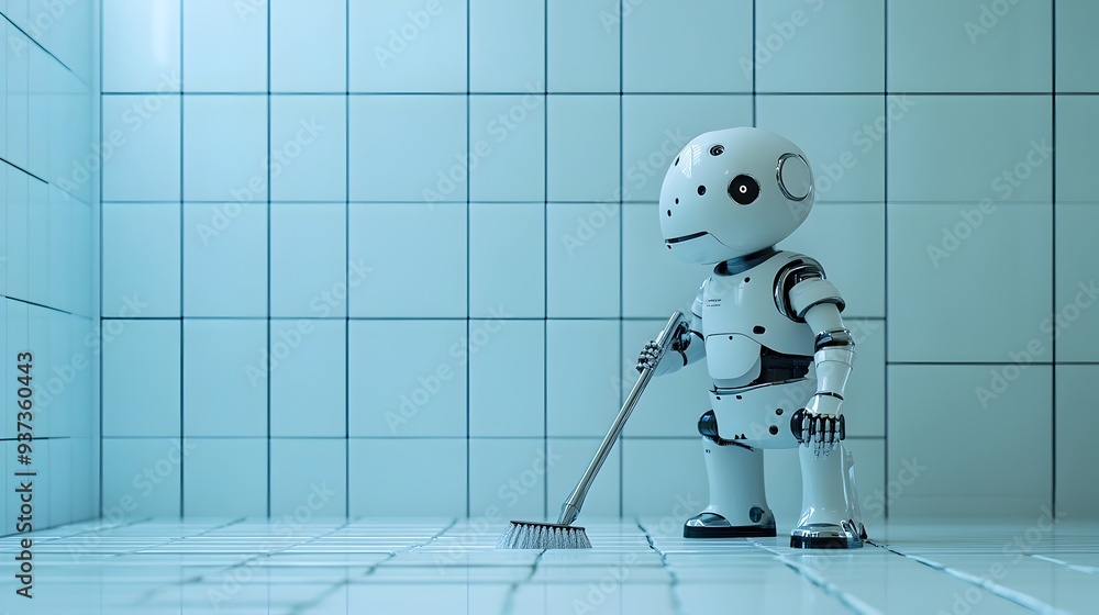 Poster futuristic robot scrubbing bathroom tiles with efficient precision providing a clean modern and hygi