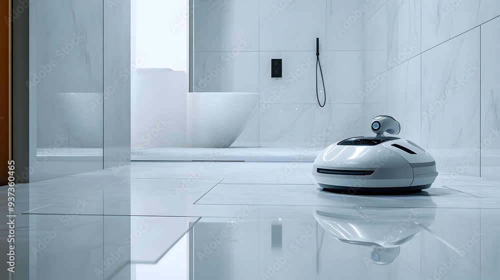 Poster a robot scrubbing bathroom tiles with a clean background showcasing the advanced technology and auto