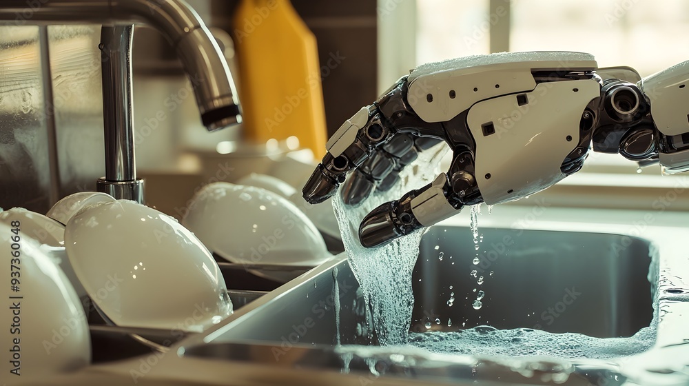 Poster a photograph of a modern futuristic robot efficiently washing dishes in a minimalist kitchen sink se
