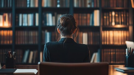 Woman studies or works in office or library.
