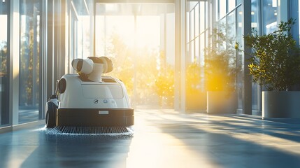 Photograph of a robotic window cleaner efficiently cleaning the glass panels of a sunlit office interior showcasing the technological advancements and modernization of everyday chores