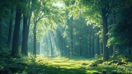 Obraz premium A tranquil green forest with tall trees and dappled sunlight filtering through the leaves, peaceful nature scene