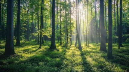 Obraz premium A tranquil green forest with tall trees and dappled sunlight filtering through the leaves, peaceful nature scene