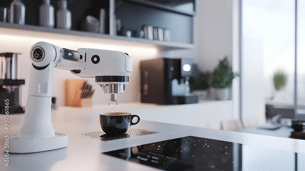 Poster automated robot assistant preparing coffee in a sleek modern kitchen environment with clean backgrou