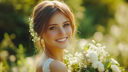 Fototapeta premium Bride holds flowers in garden.