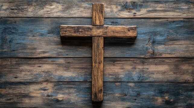 Wooden crucifix hanging on a rustic wooden wall symbolizing faith
