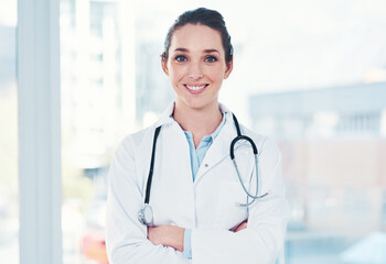 Portrait, doctor or woman in healthcare with arms crossed, wellness and trust for surgery...