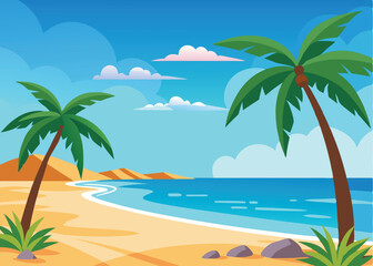 vectors of  summer beach scenery background with palm trees oceon blue stones