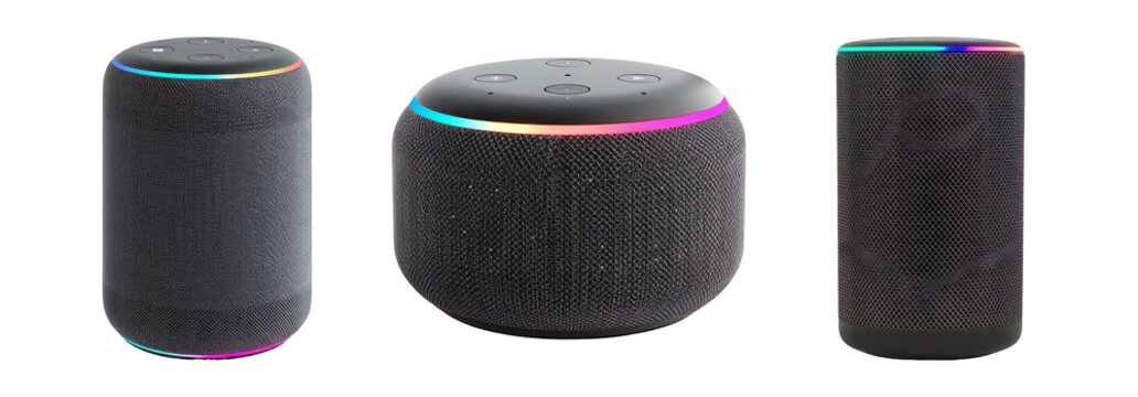 Smart speakers set isolated on transparent background with different designs and colors.