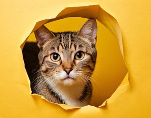 Portrait of cute cat breaking through hole in yellow paper background. Ai generated image 