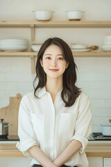 Smiling Young Woman Wearing Apron in a Bright Modern Kitchen