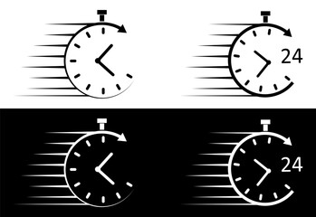Fast delivery icons with timer. 24hrs support service symbol.