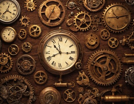 3d illustration of a Steampunk Background. Contains misc metal gadgets, gears and clocks plus a bit of steam. Ready for your photo-manipulations or 3D renders. Ai generated image 