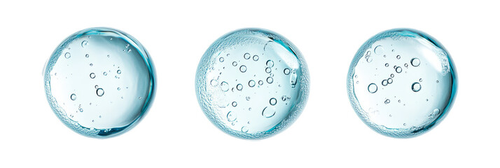 Fototapeta premium Glycerin gel texture. Blue serum toner drop isolated on white background. Liquid gel moisturizer with bubbles macro