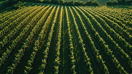 Fototapeta premium Aerial view of a vineyard in the countryside, rows of grapevines stretching into the distance, agricultural landscape