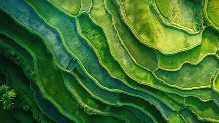 Fototapeta premium Aerial view of rice terraces in Bali, Indonesia, lush green fields, and traditional agriculture, landscape photography