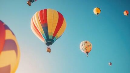 Fototapeta premium Brightly colored hot air balloons rising into the clear blue sky, summer festival with people watching from below, warm and cheerful atmosphere
