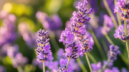 Obraz premium Close-up of a blooming lavender with soft focus, delicate purple flowers and nature background, space for text