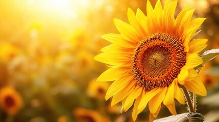 Fototapeta premium Close-up of a blooming sunflower with a vibrant yellow petal and a green background, summer nature scenee