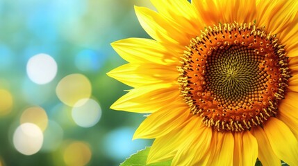 Obraz premium Close-up of a blooming sunflower with a vibrant yellow petal and a green background, summer nature scenee
