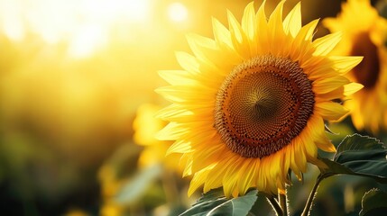 Close-up of a blooming sunflower with a vibrant yellow petal and a green background, summer nature scenee