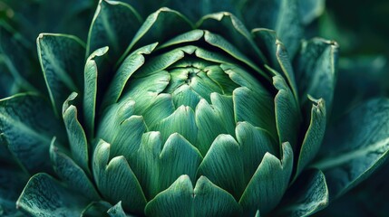 Obraz premium Close-up of a green artichoke with textured leaves, fresh vegetable and culinary ingredient concept, nature background